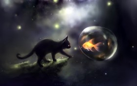 Apofiss水彩插画小黑猫Yin桌面壁纸