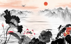 简约淡雅水墨画荷花桌面壁纸